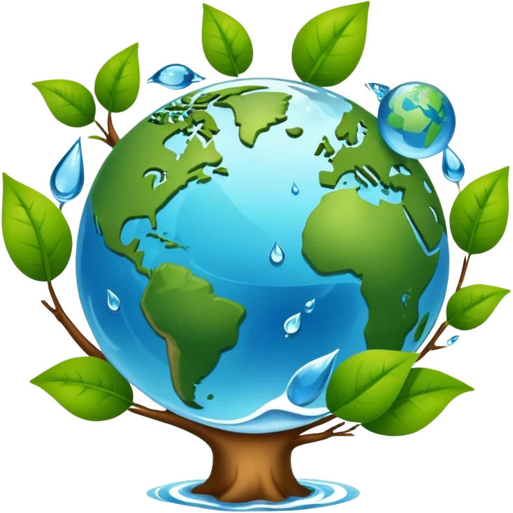 An icon featuring a globe with green leaves, a recycling symbol, and a water droplet, symbolizing ecology. The design includes trees, animals, and renewable energy icons, representing the study of ecosystems, environmental protection, and sustainability. Transparent background emoji