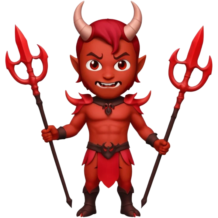 Full body shot 3D Memoji male devil, holding a three-pronged trident. Red skin, small horns, scary pose, solid background. emoji