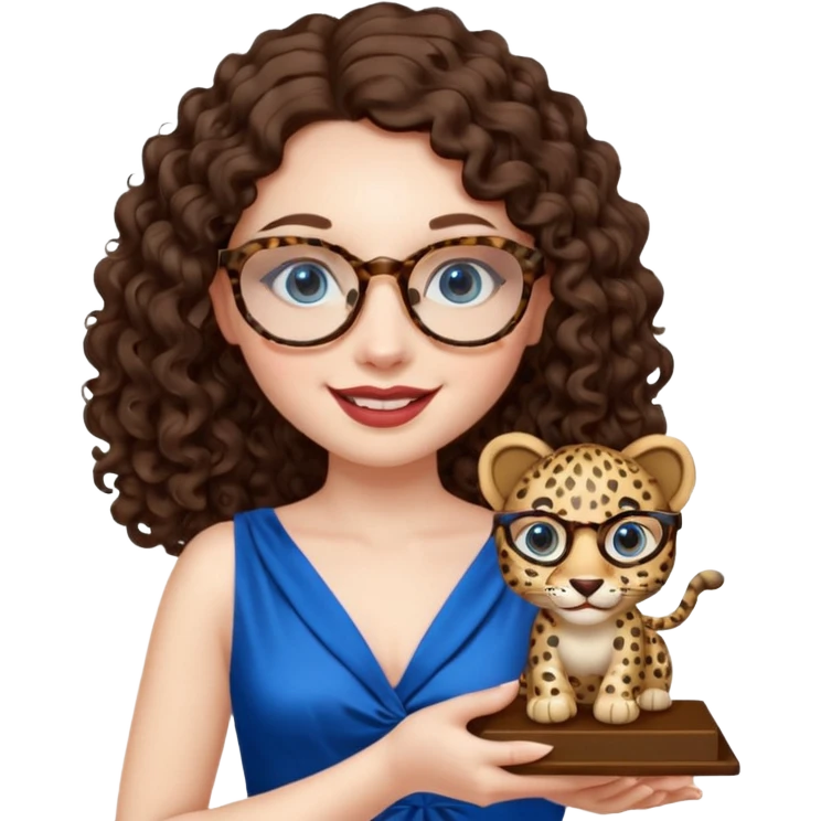 A girl with white pale skin, blue eyes, full lips, brunette LONG curly hair. She has a leopard print round-ish shaped glasses. She is wearing a white plain silk dress. She is holding an award and happy emoji
