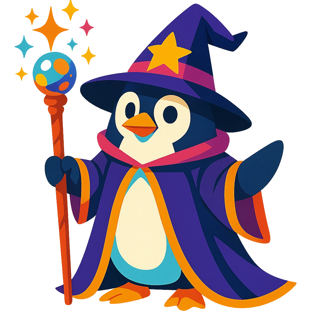 penguin wizard, vibrant and magical, holding a staff, wearing a pointed hat emoji