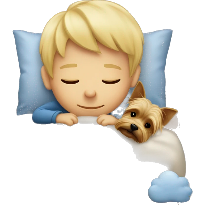 Blonde little boy sleeping în bed with Yorkshire terrier emoji