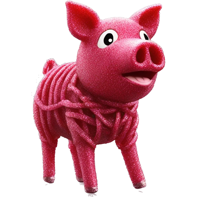 Sparkling Pig made of maroon sparkling sour candy laces andc sweets walking covered in sugar  emoji