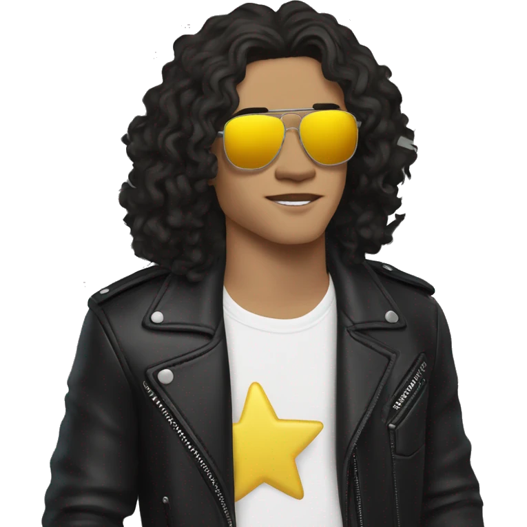 Conan Gray with long dark curly hair, a white shirt, a leather jacket with yellow stars, sunglasses, and black jeans emoji