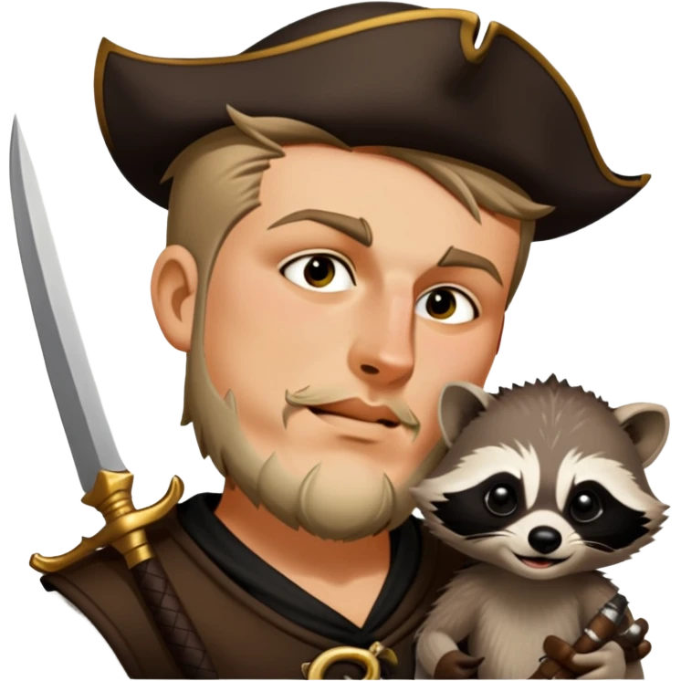 Pirate king with a fancy throwing knife and a little pet raccoon on his shoulder emoji
