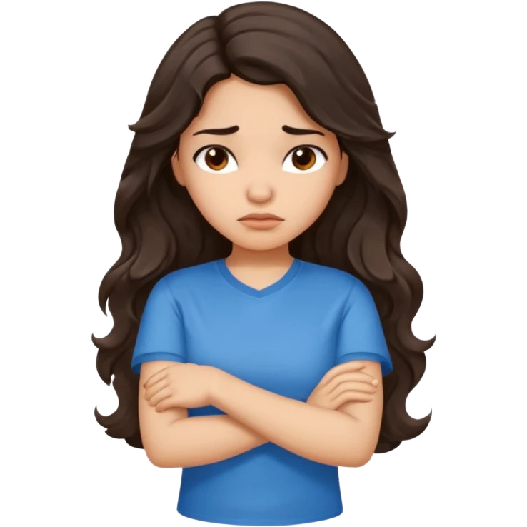 Hispanic girl with long dark brown wavy hair crossing her arms and  pouting emoji