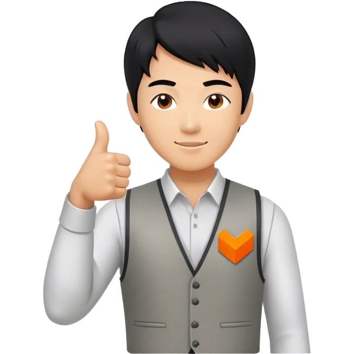 Black hair asian man giving a thumbs up. Wearing a plain grey vest that has a very small logo on it, which shows a square in solid orange color and a simple white capitalized "Y" inside of it. emoji