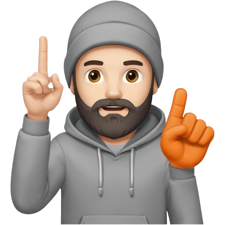 A bearded man in a hoodie, raising his foam finger with playful energy. emoji