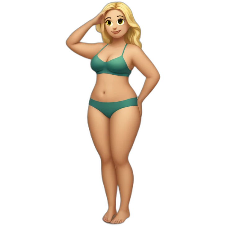 Slim-thicc Caucasian woman small panties hands-in-hair pose (beach body) full body emoji
