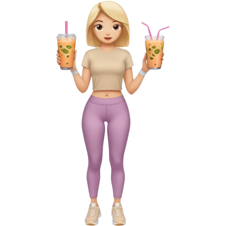 a young woman full length in a beige top and leggings and white sneakers with a passion fruit smoothie in one hand and a salmon poke bowl in the other hand emoji