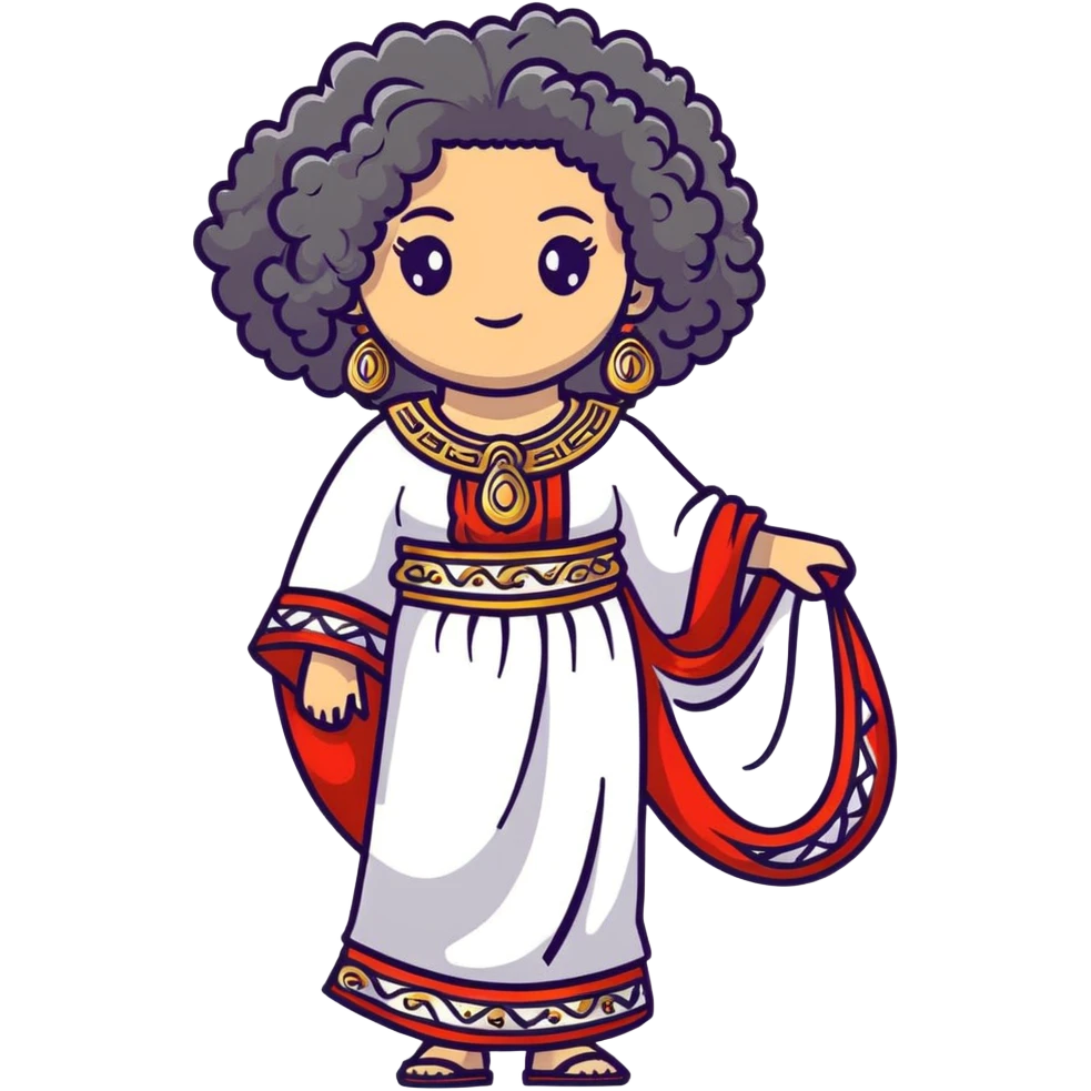 Stunning Greek-inspired character with massive voluminous curly hair flowing down, ornate traditional jewelry, and cute stylish Greek clothing emoji