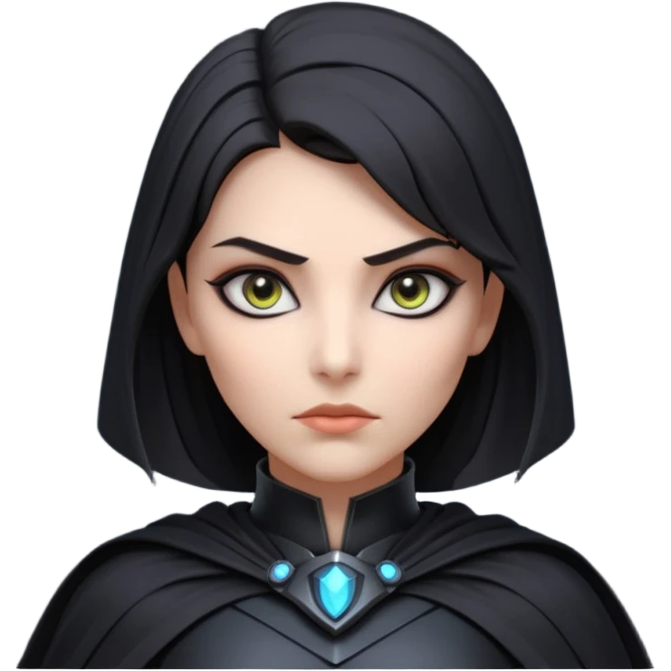 dark sci-fi villain female portrait, head and shoulders only, black armor, cape collar, intense eyes, sharp confident expression, subtle futuristic makeup, dramatic lighting, 3D cartoon, mobile game icon style, clean background, no text, no watermark
 emoji