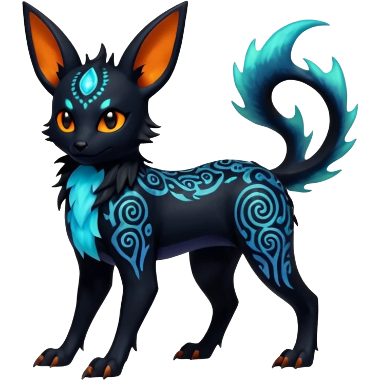Shiny Fiery Dark Ugly Evil Glowing Eldritch Horror Cool Edgy Badass Emo Glorious Demonic Batty Punky Aural Iridescent Fluorescent Bioluminescent Umbreon-Amaura-Salandit-Litten-Flareon-Fakémon-fusion (full body) with intricate pattern markings emoji