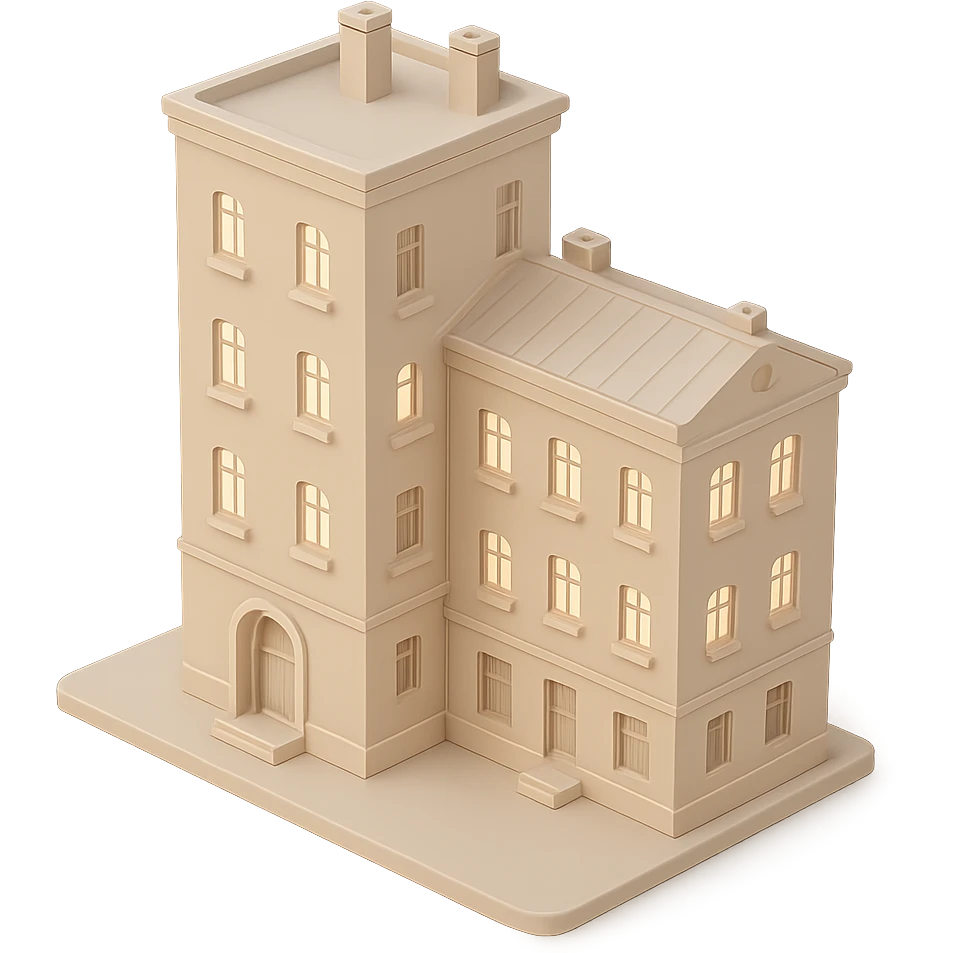 an old apartment complex, warm neutral tones, without black color emoji