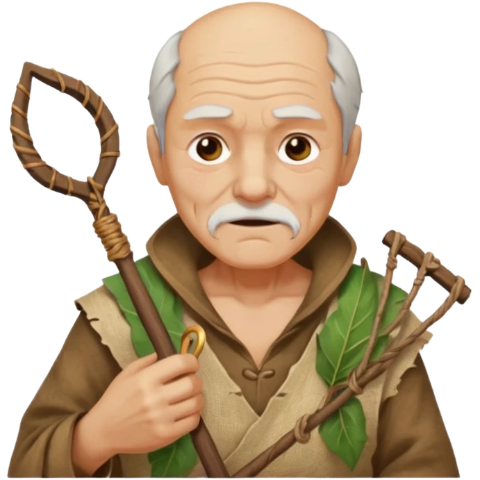 ancient old man, tattered leaf cloth, hold the slingshot emoji