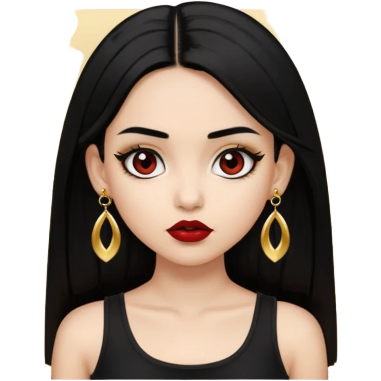 A light skinned girl with black hair, black eye, straight hair, big eyes, dark red lipstick, wearing black crop top and gold earrings, nosepiece  emoji