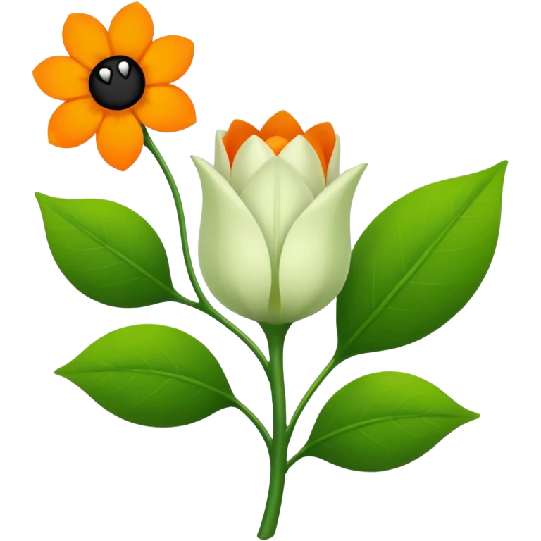 Green stem, white bud with black cartoony face: ;p. And six heart shaped yellowish orange petals emoji