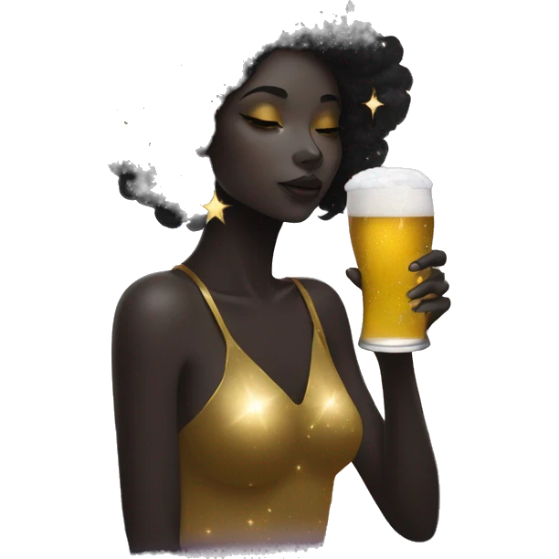 Ethereal galactic Girl wearing black and gold sat on a nebula galaxy drinking beer surrounded by golden stars and planets emoji