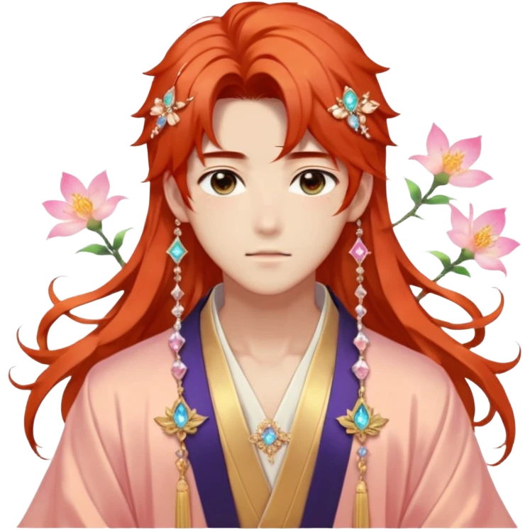 Beautiful gorgeous blushing Korean-Japanese-youthful elegant handsome anime guy with beautiful fiery-special-medium-long-hair, fashion aesthetic, ethereal, fairycore, pastelcore, flower petals, crystals, layered robes, accessories, jewelries, gold, colorful, shiny, trending style, outside emoji