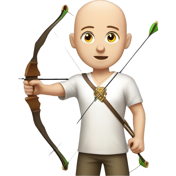 a male archer aiming with a bow looking at his target, wearing a white shirt, no hair, bright skin, emoji