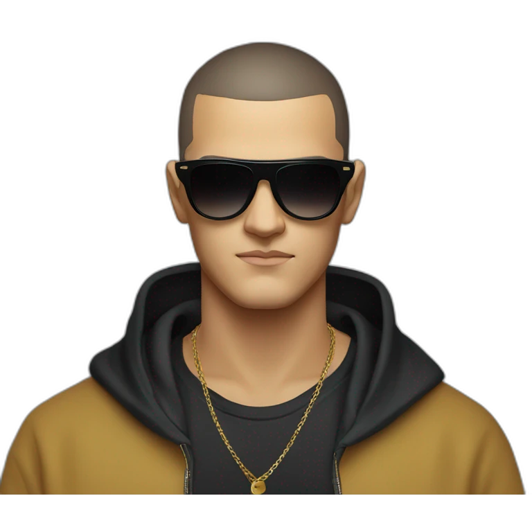 Serious face of DJ Snake with black sunglasses front view wearing a BLACK hoodie emoji
