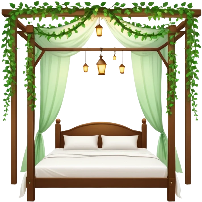 bed with fairy lights and green vines hanging from the ceiling emoji