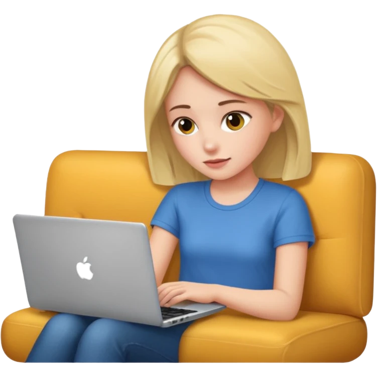 A girl is working with a laptop while lying on the sofa emoji