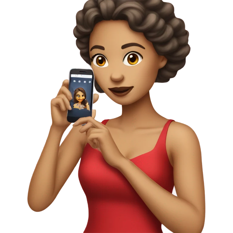 a light skin girl in red dress hold phone emoji