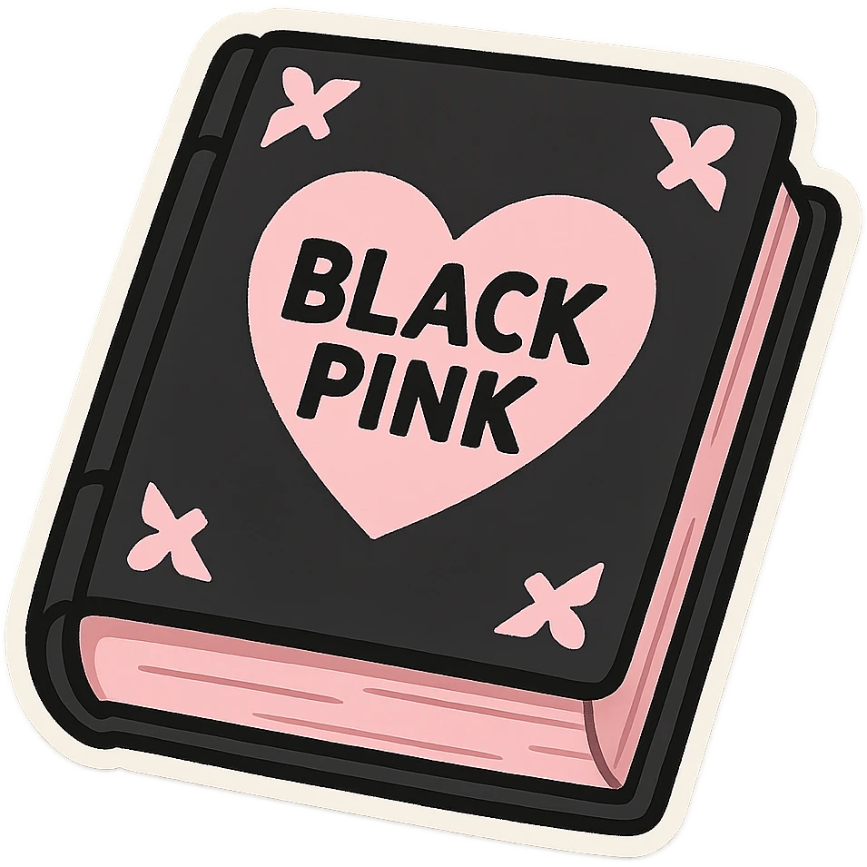 BLACKPINK-inspired gothic book, no hearts, cute and expressive, black and pink emoji