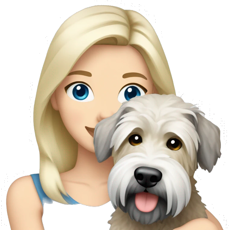 pretty woman blonde hair blue eyes hugging a white and gray soft coated wheaten terrier dog emoji