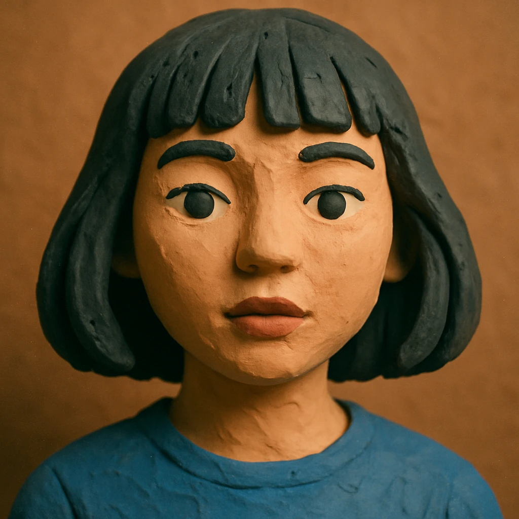 portrait of a girl with black shoulder-length hair, bangs, black almond-shaped eyes, full lips, and straight nose, claymation style emoji