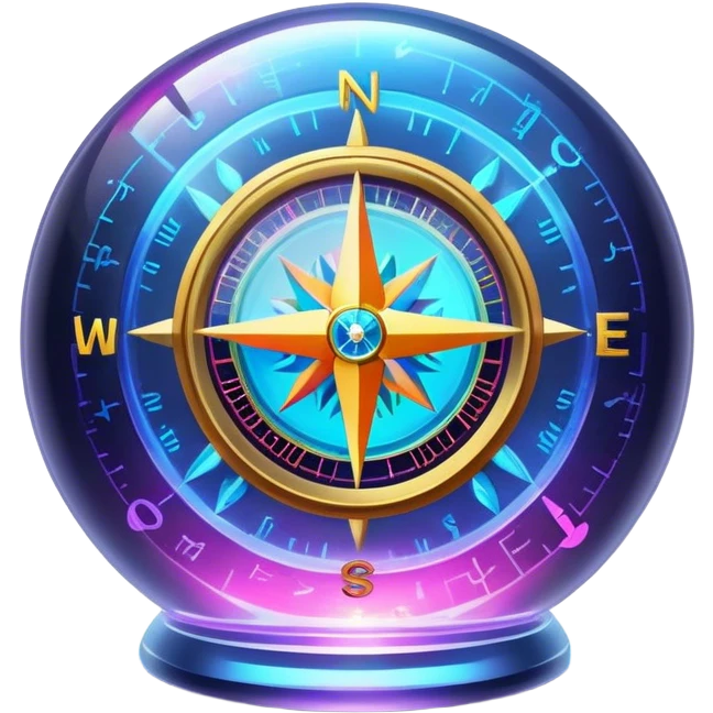 A glowing holographic compass with vibrant neon colors and music notes, inside a crystal-clear sphere emoji