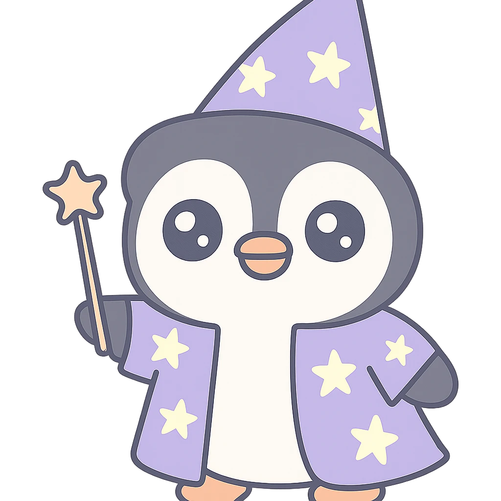 cartoon penguin wizard casting a spell wearing a starry robe and holding a wand emoji