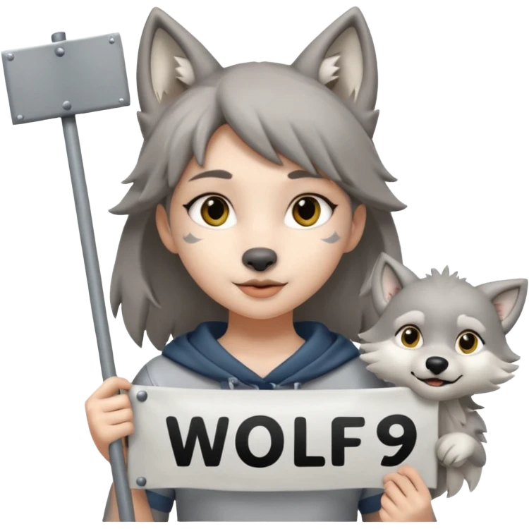 Wolf girl holding a banner that say #Wolf99 emoji