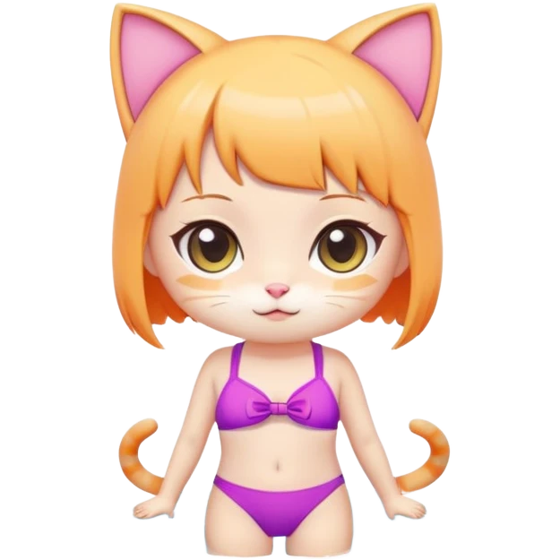 Cute short cat girl character with big head in a colorful swimsuit, kawaii style emoji