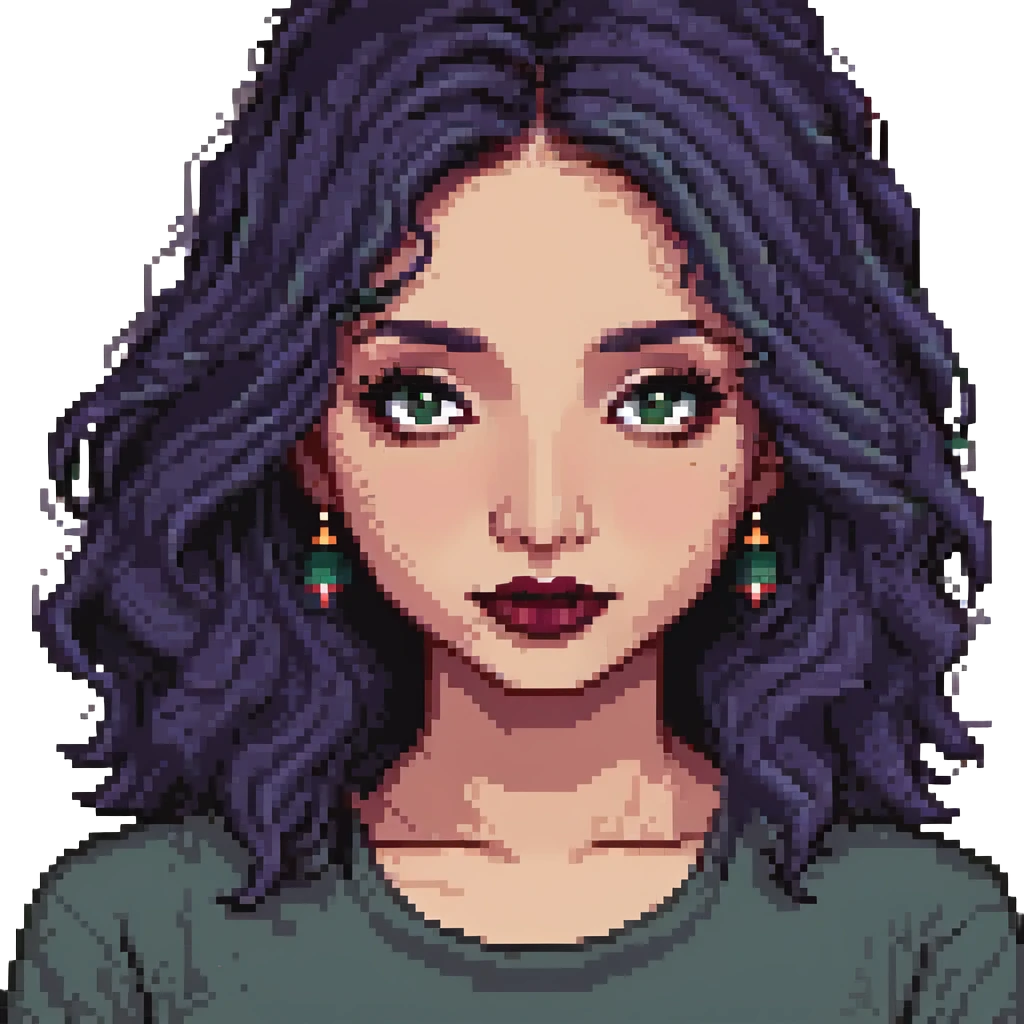 medium tanned Indian girl with black eyes, dark purple wavy medium-length hair, wearing a dark green tee shirt, mole on top of left cheek, slightly crooked nose, medium lips with dark red lipstick, wearing eyeliner, beautiful lashes, some blush, pixel art style emoji