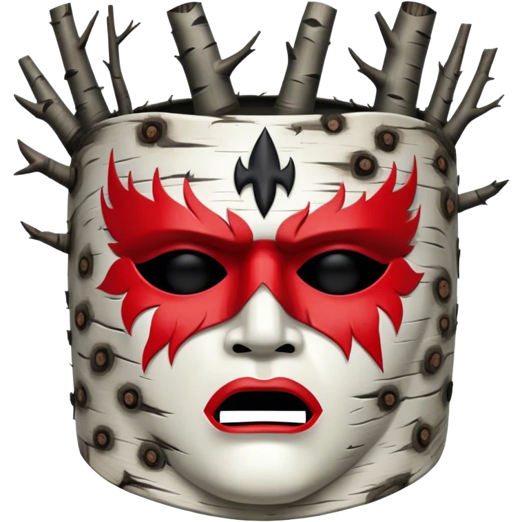 birch tree male mask in kokoshnik expressing anger, white, black and red palette, the texture has black marks emoji