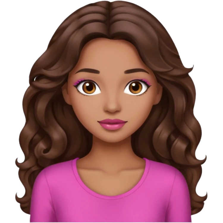 gorgeous woman, light brown skin, dark brown eyes, long wavy brown hair, pink top, lipgloss, model, mixed  emoji
