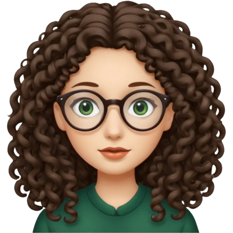 rapariga, olhos verdes escuros, rosto oval, cabelos muito compridos aos caracóis, com óculos emoji