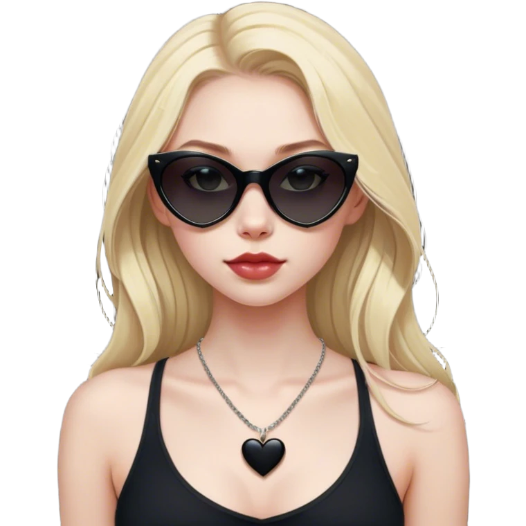 Blonde girl with pale skin and long hair with black cat eye sunglasses in black tank wearing a thin heart necklace  emoji