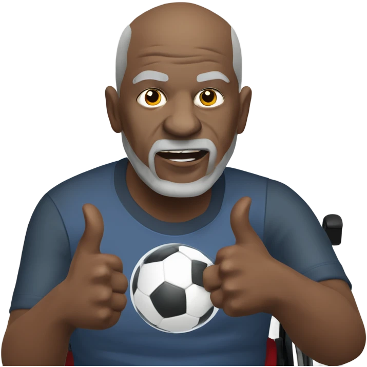 old black bald man with a protruding round belly in wheelchair. angry face. grey stubble. he is pointing finger in front. Arsenal soccer shirt. mouth word bubble emoji
