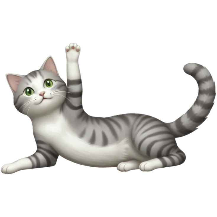 grey and white cat with green eyes doing a big extremely long stretch reaching up into the air with arms and legs side by side together straight and overextended whilst lying on its side emoji