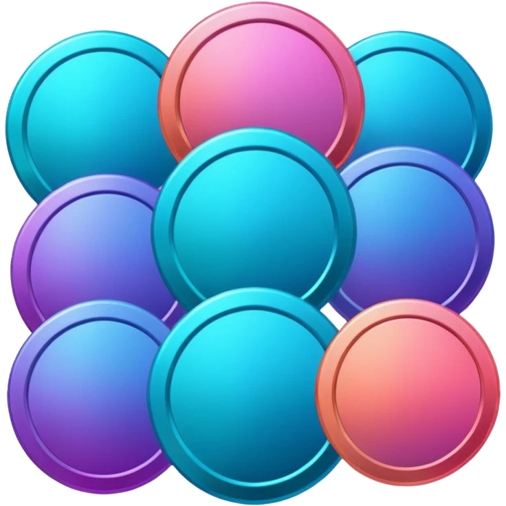 Many Coins pack 
in gradient of turquoise, blue, pink, purple, and coral
 emoji