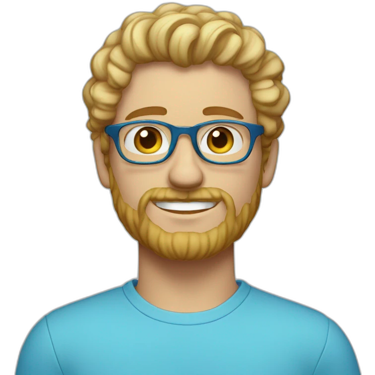 Portrait of blond man with curly hair with a goatee and blue eyes with glasses and a sky blue shirt emoji
