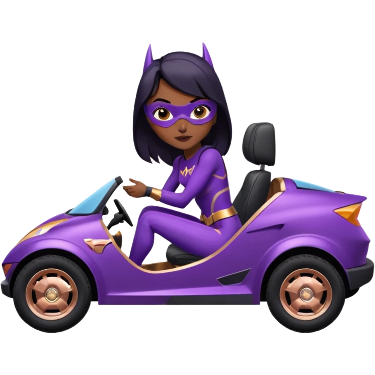 Hot full size real-appearance racing action (Darkness in her soul) BatGirl’s feminine midnight-purple tight outfit sixty’s tv show 1992 stealth retro cat burglar sporty petite off-road pursuit mobile cruiser car rose gold accents (black hair,reclined and relaxed seating position and attitude) emoji
