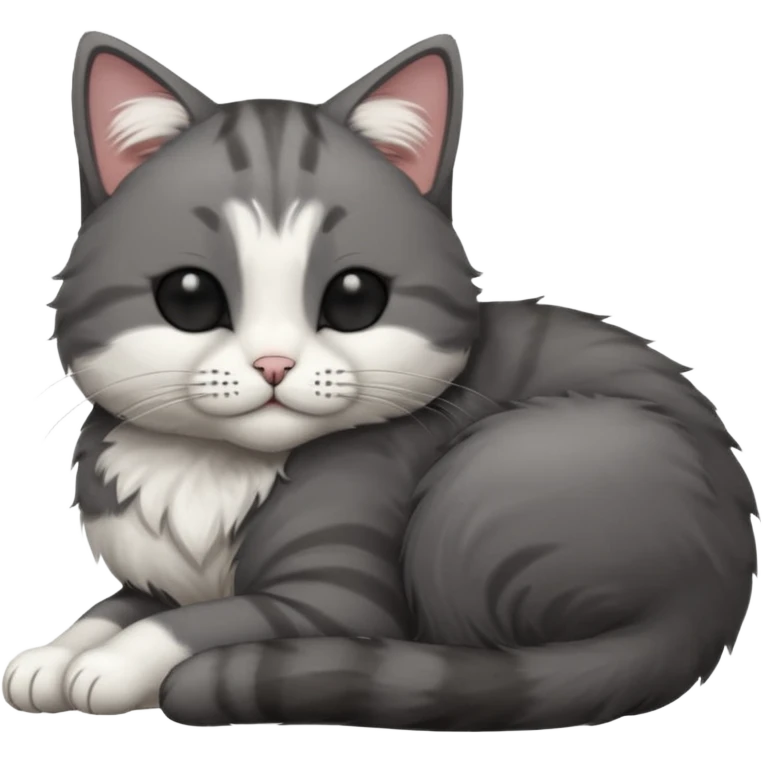 dark grey and white small cat with his eyes closed, leaning his head on his paw while leaning on his elbow lying down emoji