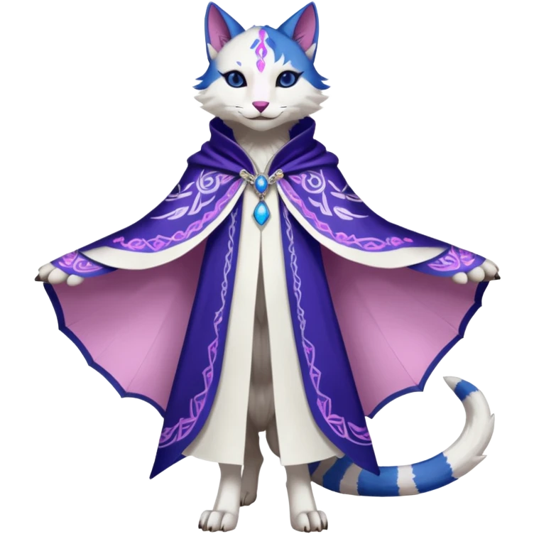 Kawaii white, indigo, purple, pink cute beautiful pretty elegant divine edgy feline-vernid-sergal-fursona-animal-creature, full body, with intricate detailed markings, Embroidered capelet, silken shawl emoji