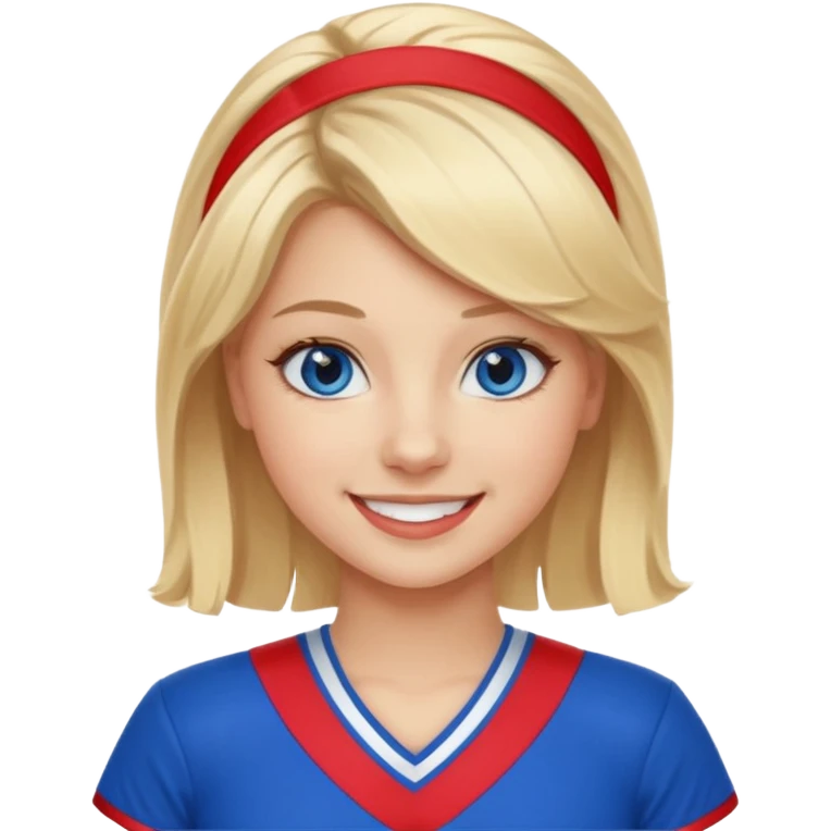 Cheerleader with blonde hair and blue eyes in a red and blue uniform emoji