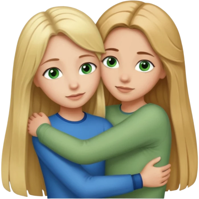 Girl with long blonde hair and blue eyes hugging a girl with long brown hair with green eyes  emoji