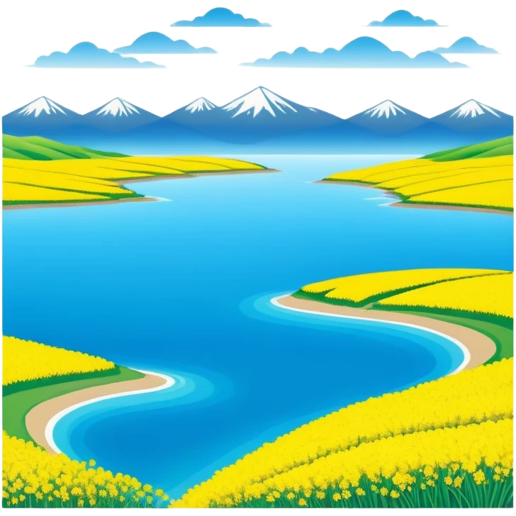 Qinghai Lake spring scenery with rapeseed flowers and blue water, simplified emoji style with bold outlines and bright colors, cartoon style vast lake with mountains emoji