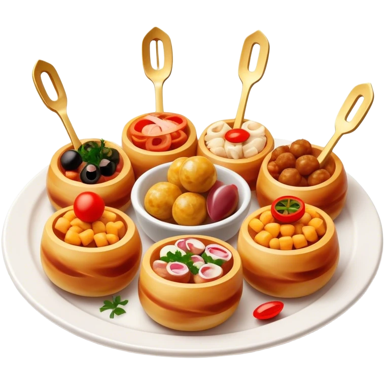 Tapas (4 Pintxos) Cinematic Realistic Tapas Dish Emoji, depicted as an assortment of 4 pintxos elegantly arranged on a plate, rendered with lifelike textures and vibrant, inviting lighting. emoji
